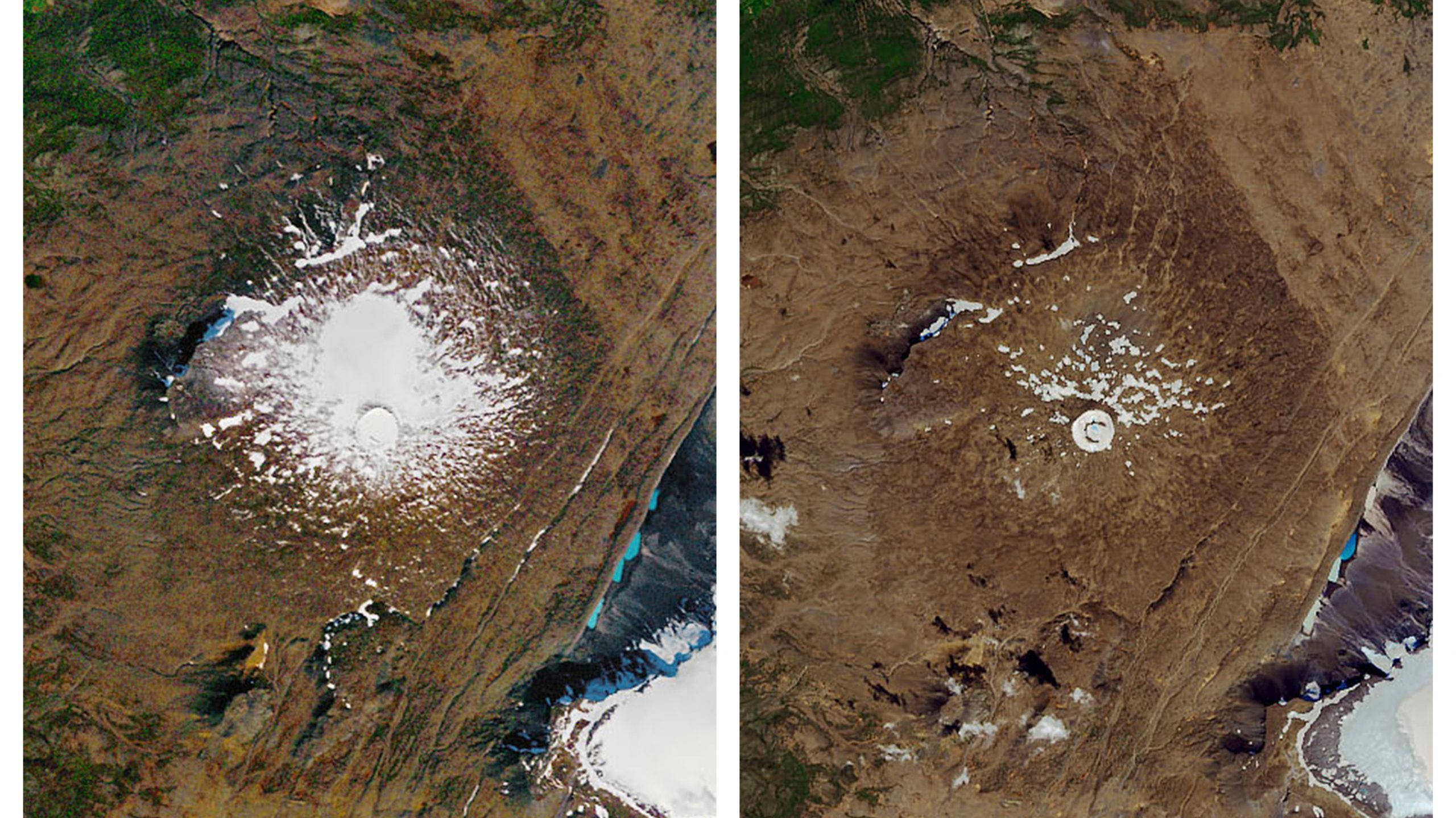 glaciar Okjökull del 14 de septiembre de 1986 (izquierda) al 1 de agosto de 2019. NASA.